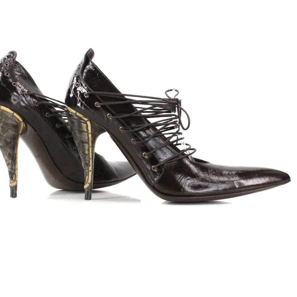 Gianni Barbato Patent Leather Lace Up Pointed Pumps Sculptural Heel Brown 7.5 - Picture 8 of 16